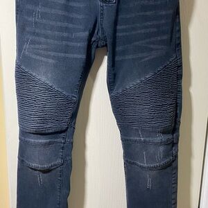 Black Skinny Motorcycle Jeans with Ribbed Thigh and Chevron Knee Panels